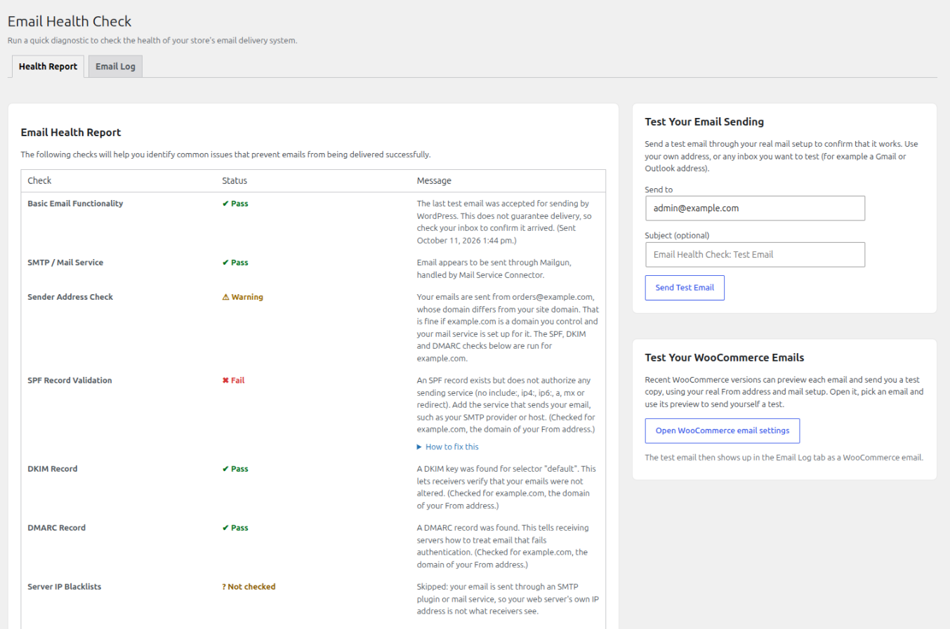 Health Report page listing each check with a green, amber or red status badge.