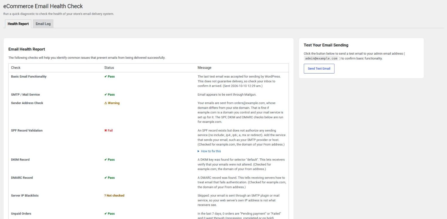 Health Report page listing each check with a green, amber or red status badge.