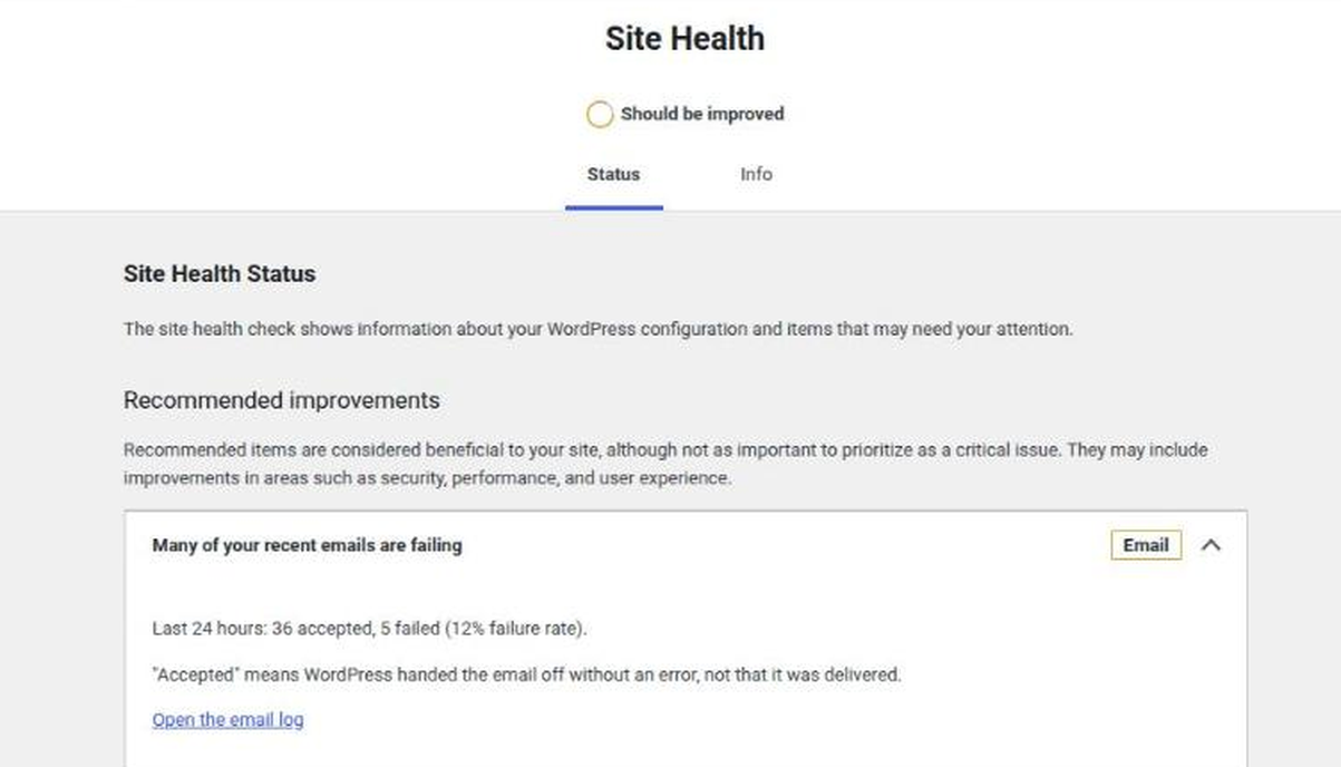 Site Health screen with the same email warning listed among the tests.